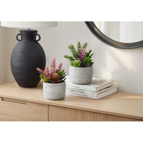 Artificial Plant - Set Of 2 - 9" Tall - Succulent - Table - Gray Cement Pots