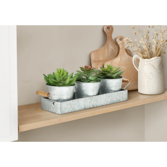 Artificial Plant - Set Of 3 - 6" Tall - Succulent - Table - Silver Metal Pots