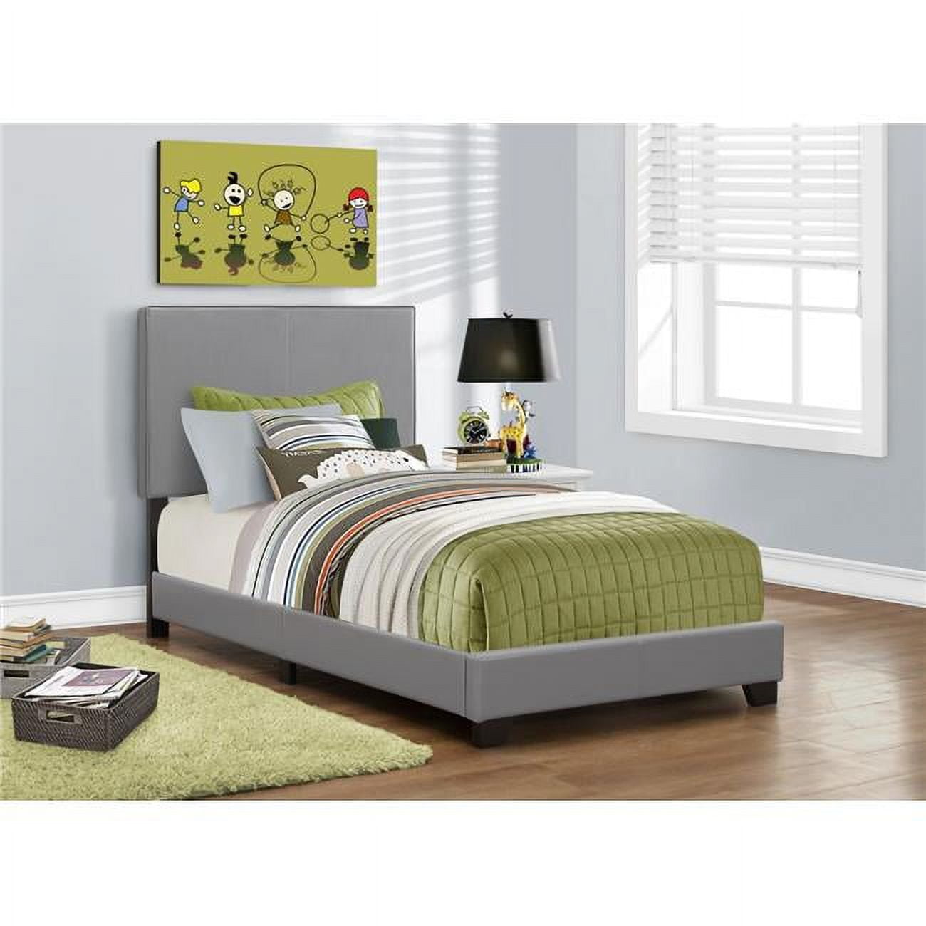 Transitional Twin Panel Bed in Grey Leather with Wood Frame