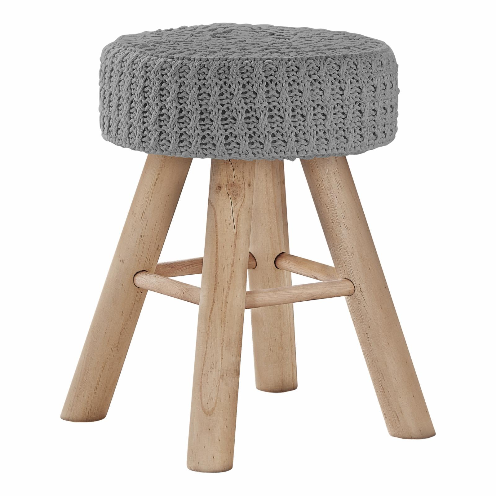 Modern Gray Knit Pouf with Natural Wood Legs, 16" Round