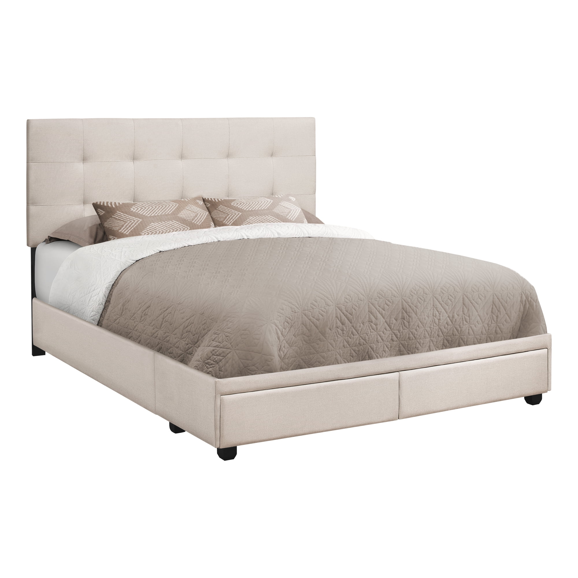 Monarch Specialties Queen Size, Beige Linen Bed with 2 Storage Drawers