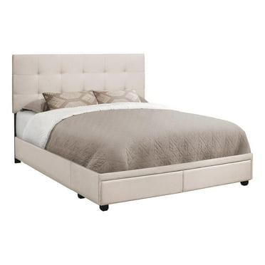 Monarch Specialties Queen Size, Beige Linen Bed with 2 Storage Drawers