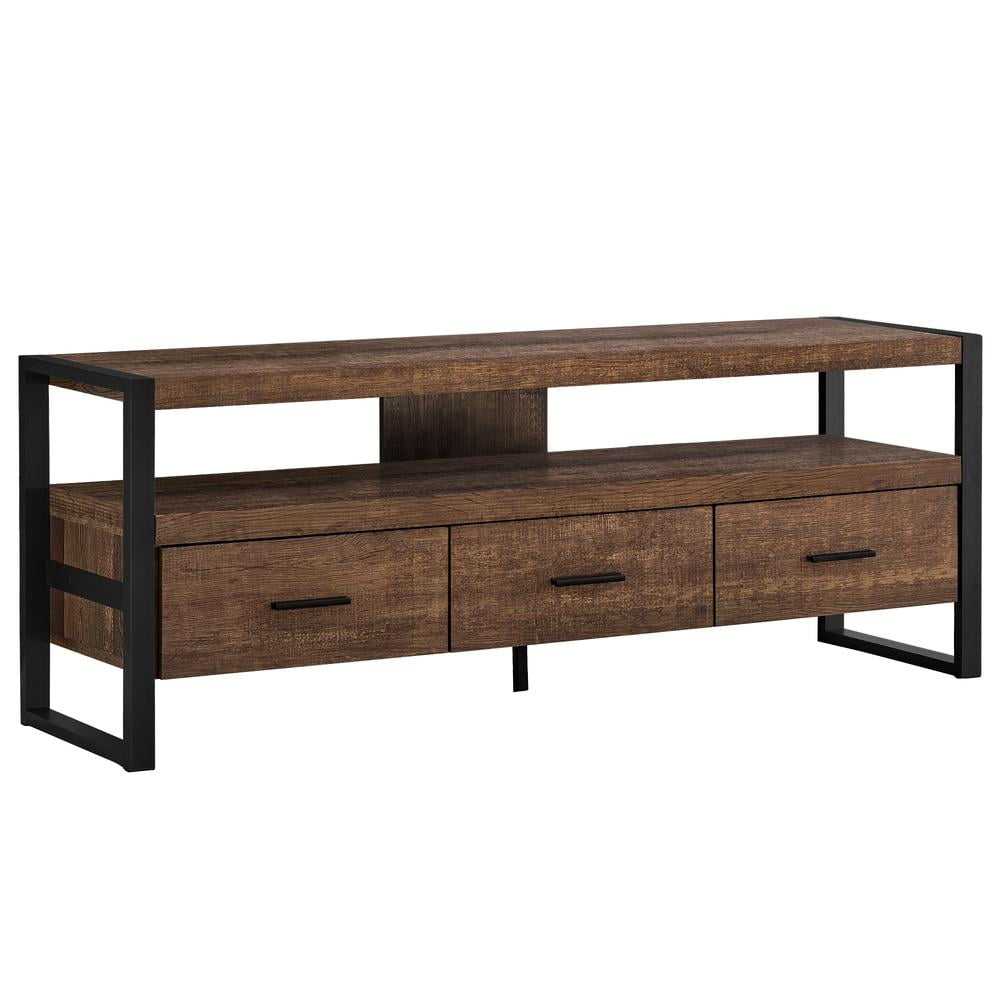 Brown Reclaimed Wood 60" TV Stand with Black Metal Frame and 3 Drawers