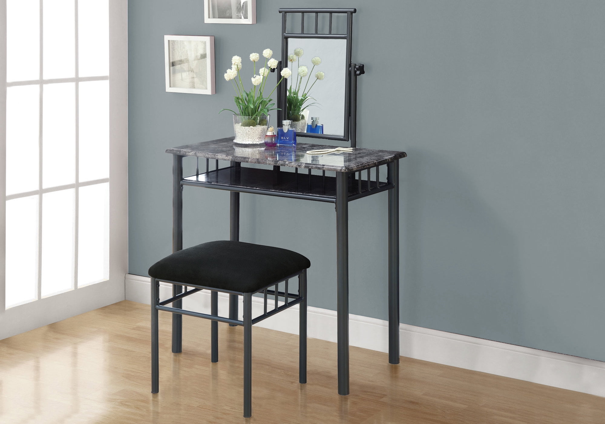 grey marble dressing table Monarch Specialties Vanity Set, Set Of 2, Organizer, Bedroom, Grey Marble  Look Laminate