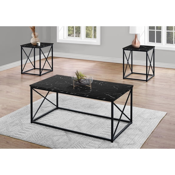 Monarch Storage 3 Piece Living Room Accent Metal and Marble Look Coffee Table Set, End Side Black