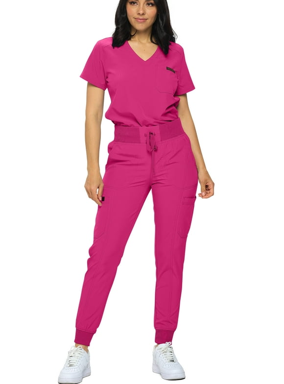 Monarch Uniforms Stretchy Scrubs Women's Jogger Scrub Set In Regular and Petite Jogger Scrubs with Tuck-In Top for Women