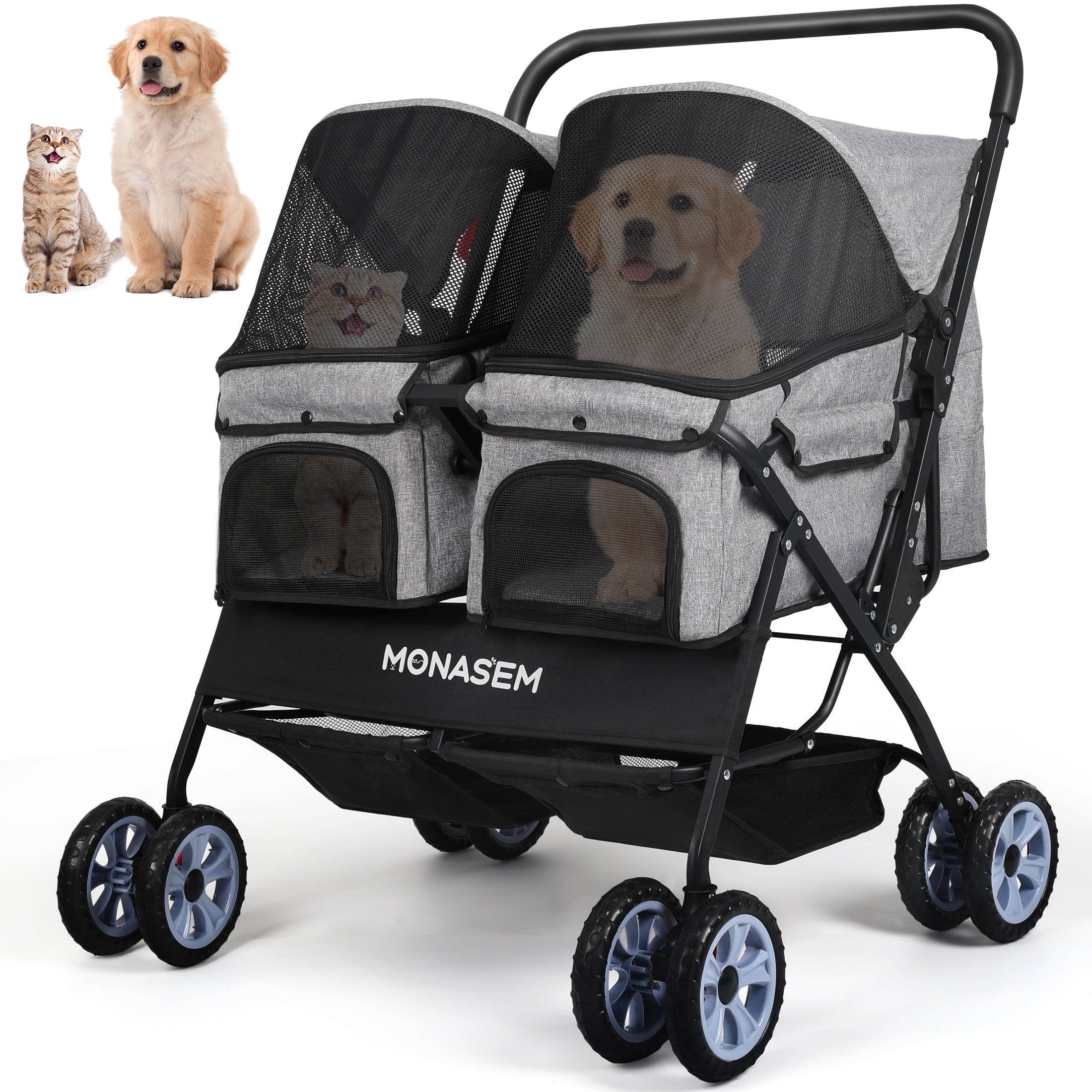 Monasem Foldable Double Pet Stroller for Dogs & Cats: Two-Seater, Grey, Carrier Strolling Cart with Storage Basket
