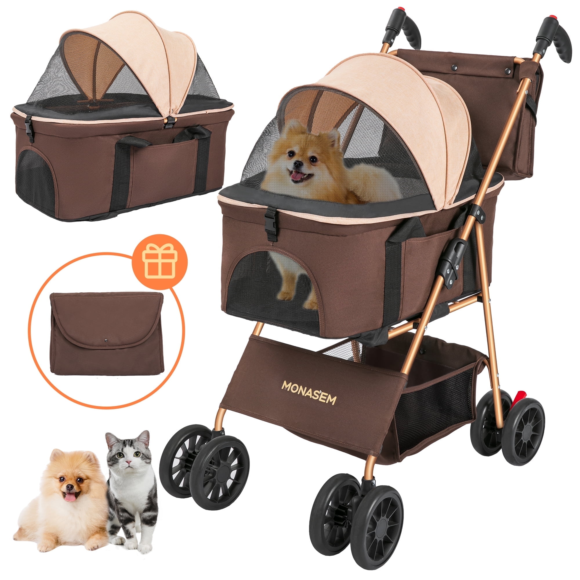 Walmart Coupons of Monasem Foldable 3-in-1 Pet Stroller, Travel Carrier and Car Seat, for Small and Medium Dogs Cats up to 60 lbs, Brown