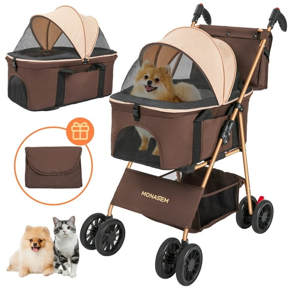Monasem 4 Wheels Foldable Pet Stroller 3 in 1 with Waterproof Detachable Pets Travel Carrier for Small/Medium Dogs Cats up to 60lbs, Brown