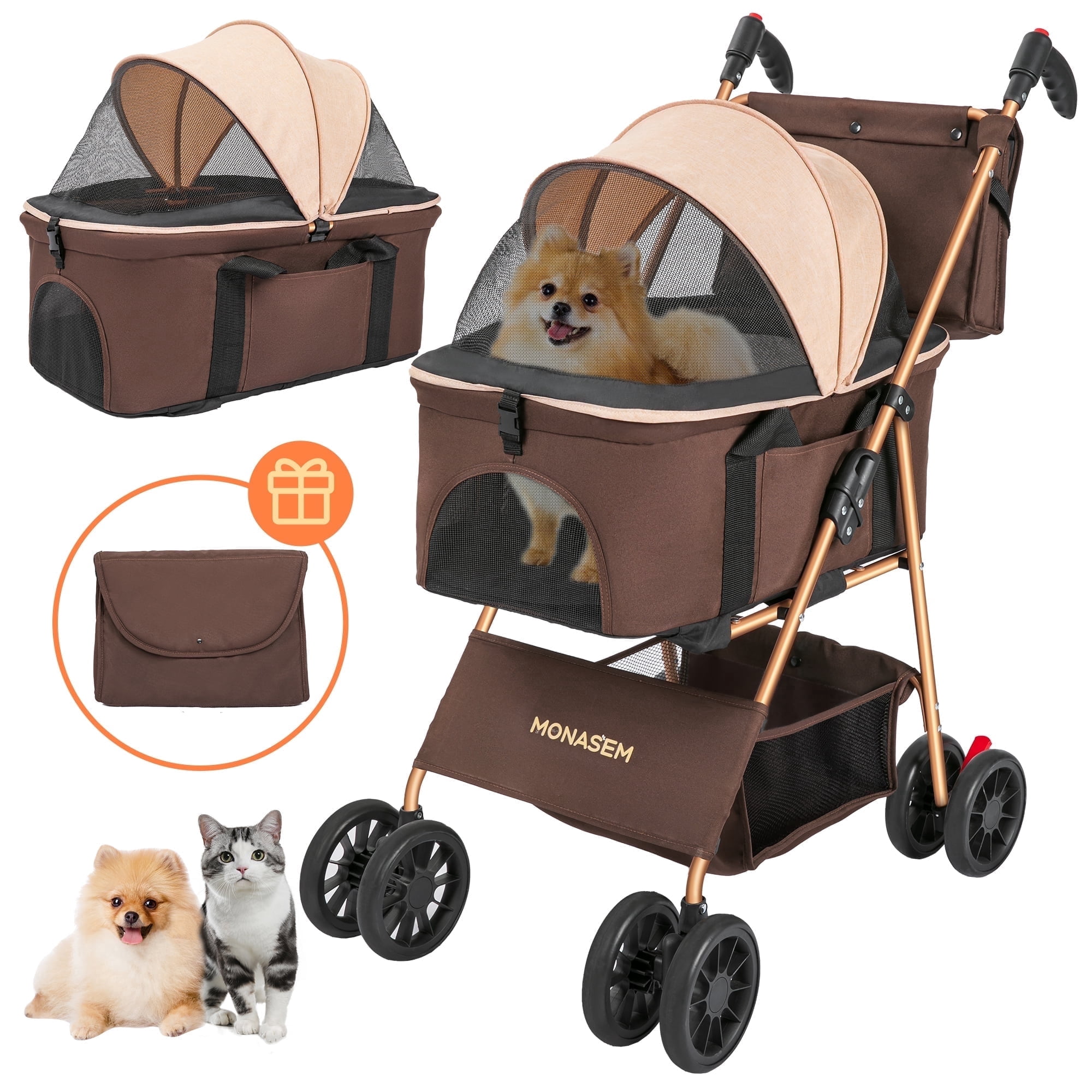 Monasem 3-in-1 Pet Stroller, Foldable 4-Wheel Cat & Dog Stroller with Detachable Carrier, Canopy and Storage Basket, up to 60lbs, Brown