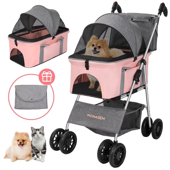 Monasem 3 in 1 Pet Stroller 4 Wheels Foldable Cat Dog Stroller with Storage Basket and Canopy,Detachable Pets Carrier,up to 60lbs, Pink
