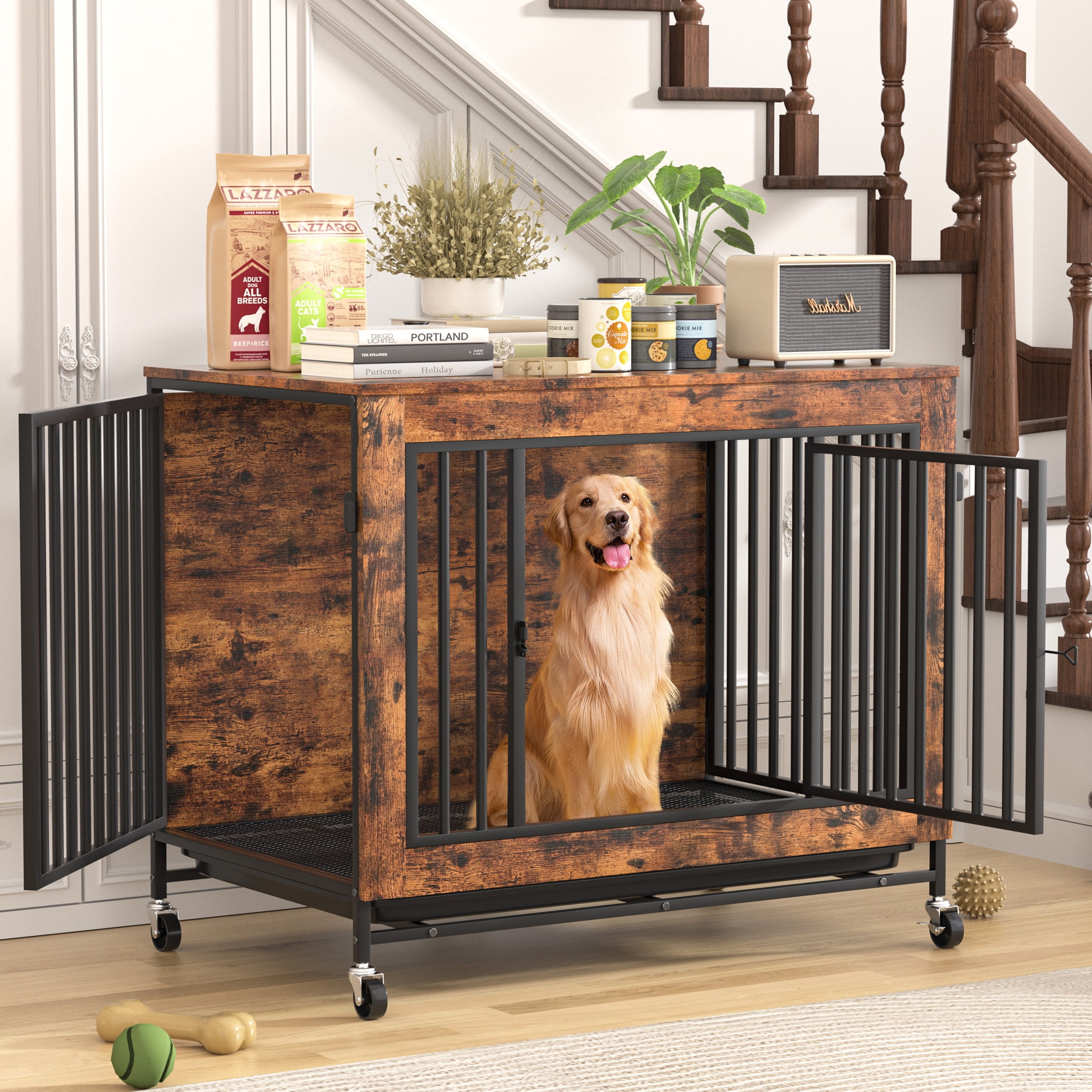 View of Monasem Wooden Dog Crate Furniture with Removable Tray,Heavy Duty Dog ...