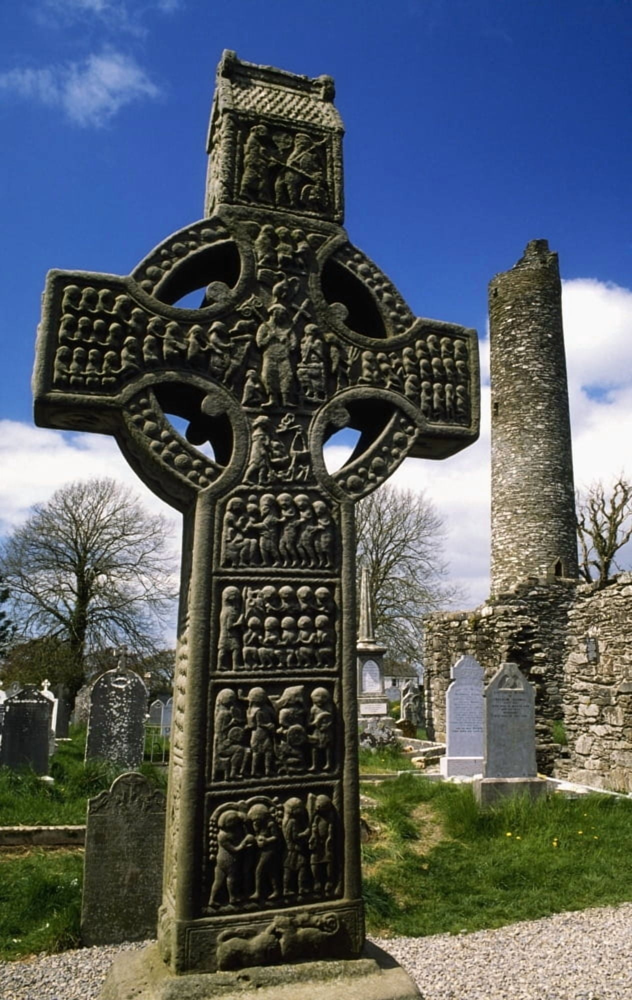 Monasterboice Co Louth Ireland High Cross With Round Tower In The Distance Canvas Art - The Irish Image Collection Design Pics (12 x 19)