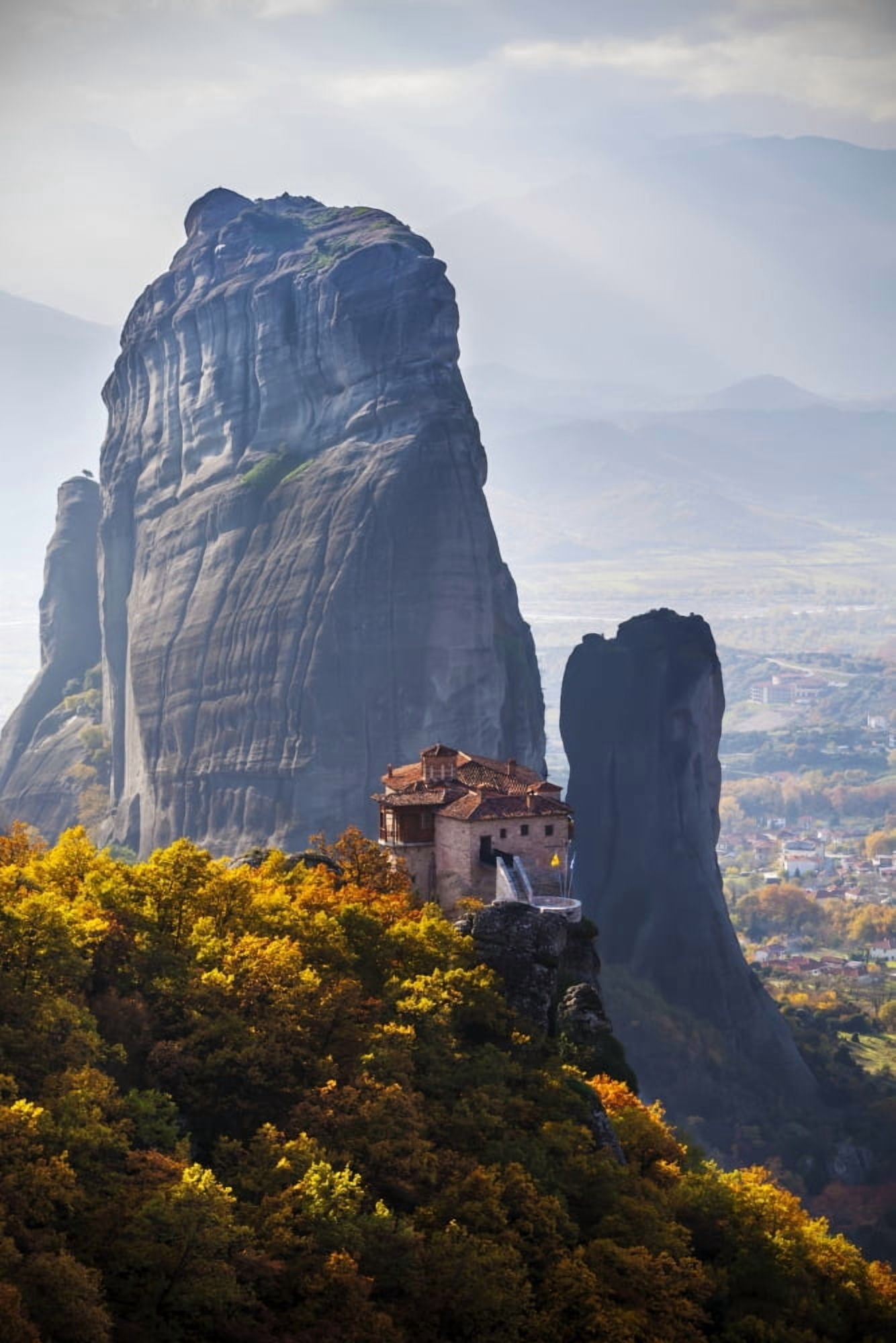 Monastery on a cliff Meteora Greece Canvas Art - Reynold Mainse Design Pics (12 x 19)