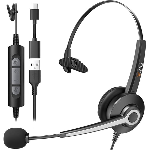 Monaural Corded USB Headsets with Noise Cancelling Mic and in-line Controls, UC Business Headset for Skype, SoftPhone, Call Center