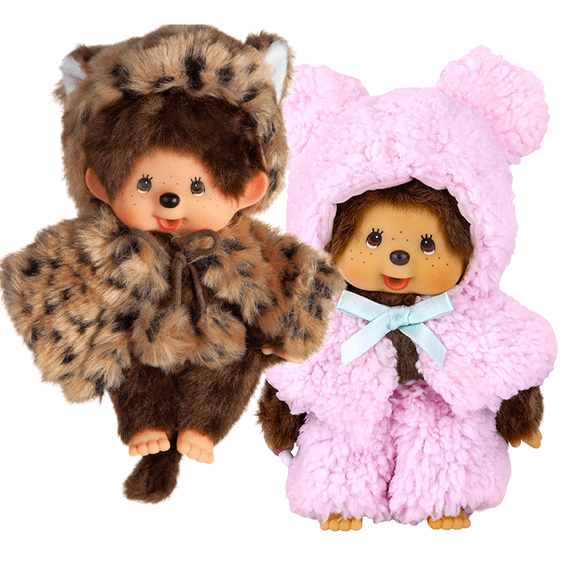 Monchhichi Girl Leopard Hood & Boy Pink Bear Cape 8" Plush - Sold as Set