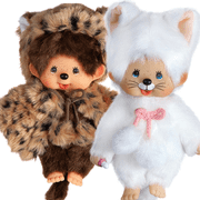 Monchhichi Girl - White Cat & Leopard Hood 8" Plush Doll Bundle Sekiguchi