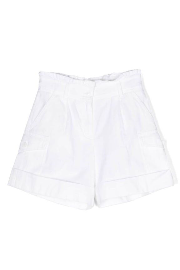 Kids White Ruffled Waist Oxford Cotton Shorts, Size 6Y