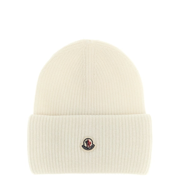 Moncler Women's Ribbed Knit Wool Beanie With Felt Logo Patch White
