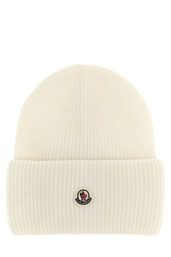 Women's Ribbed Knit Wool Beanie With Felt Logo Patch White