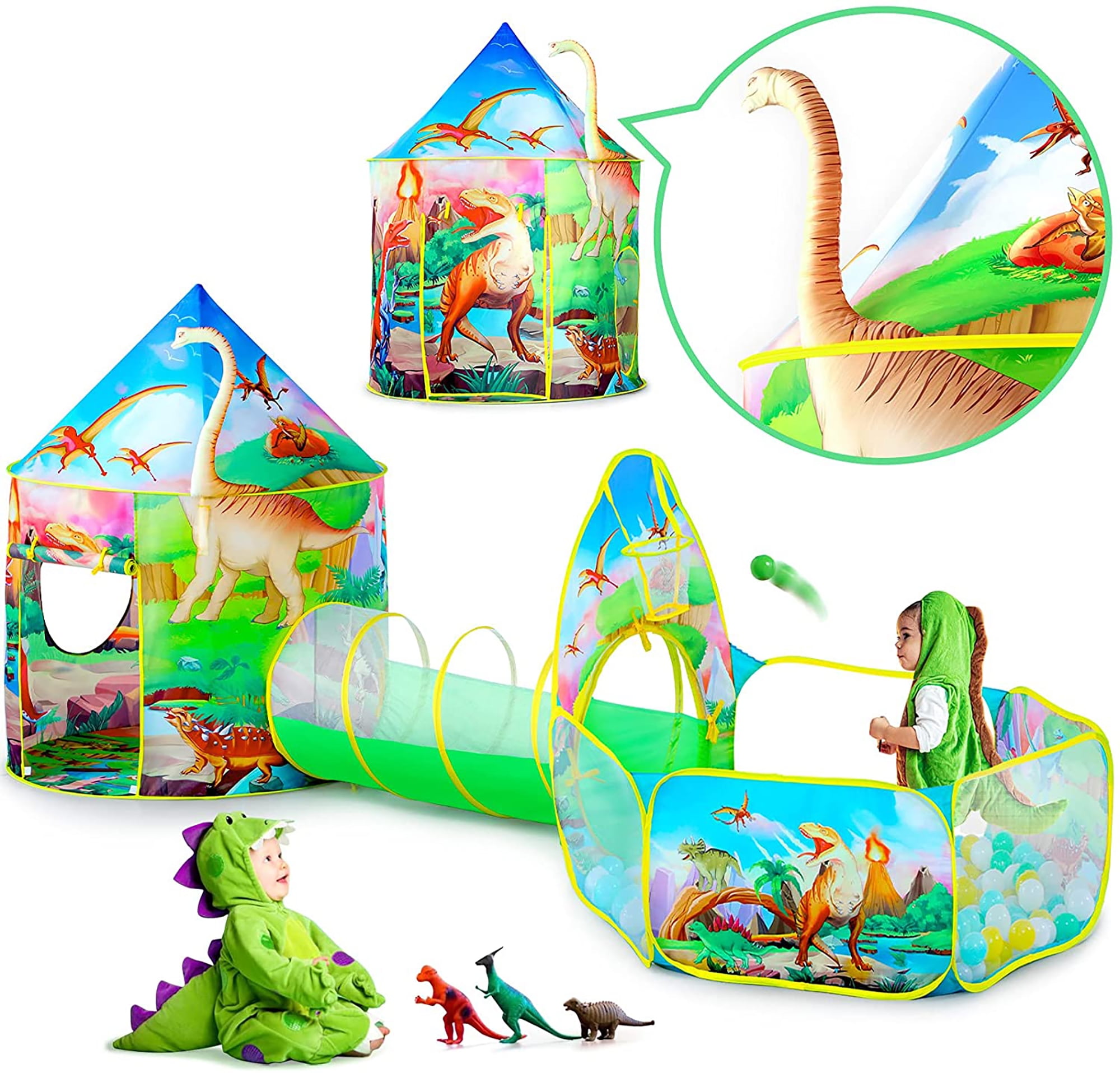Moncoland 3PC Dinosaur Kids Tent for Toddlers with Baby Ball Pit and Crawl Tunnel Indoor Outdoor Polyester Playhouse