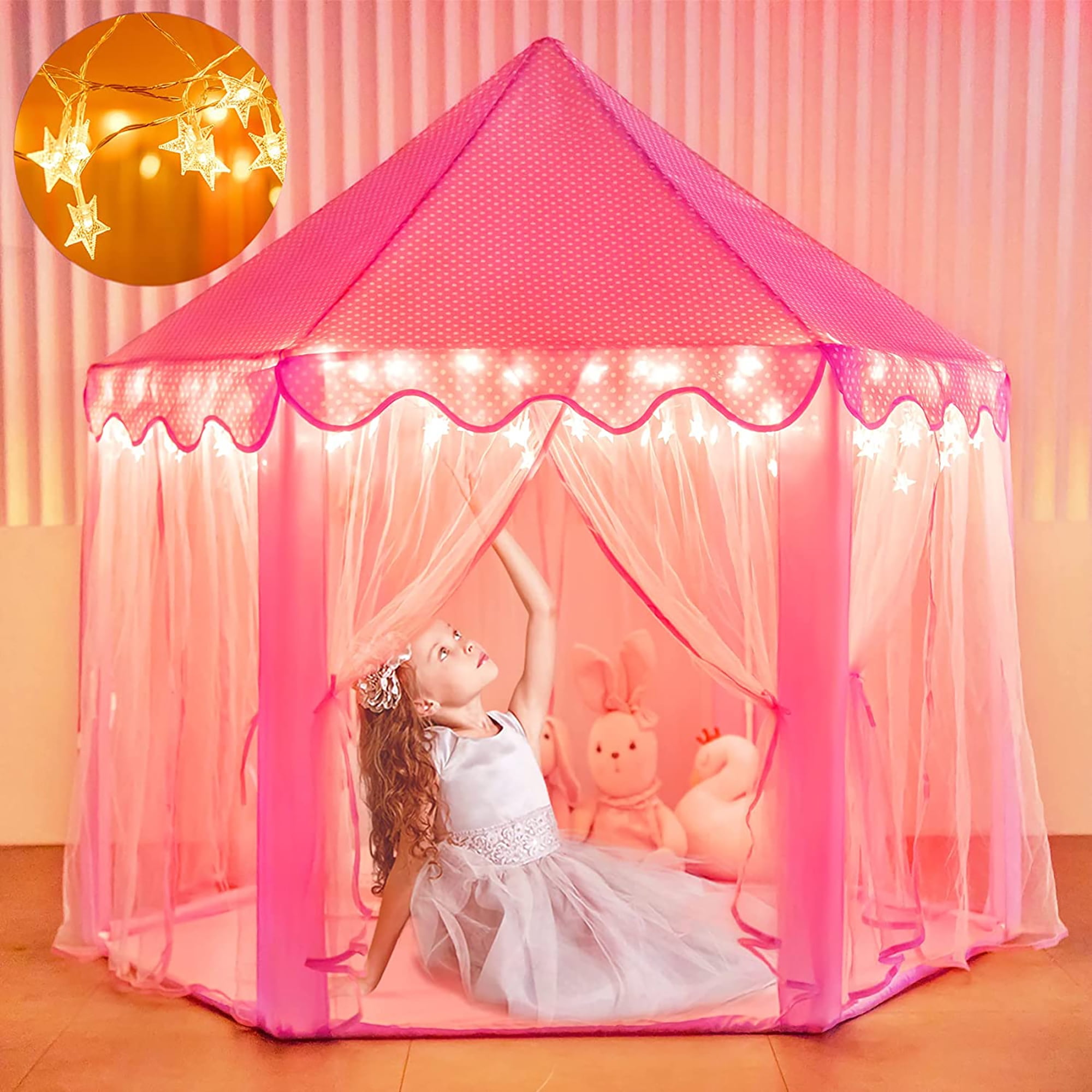 Moncoland Princess Castle Tent for Girls 3-8 Years Indoor Toddlers Playhouse with Star Lights