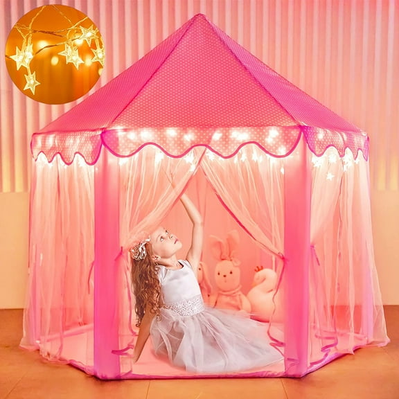 Moncoland Princess Castle Tent for Girls 3-8 Years Indoor Toddlers Playhouse with Star Lights