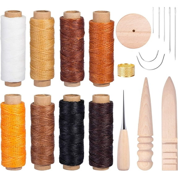Moncolis 20 Pcs Waxed Thread with Leather Craft Tools Sewing Needles for Leather Work,Multicolor