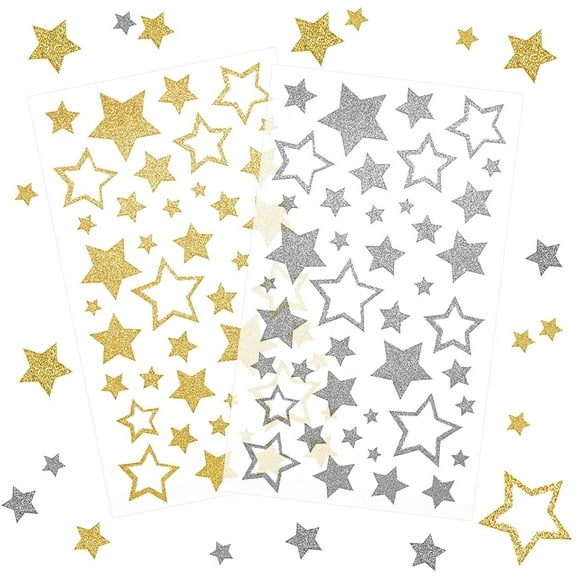 Moncolis 6 Sheets Christmas Glitter Stickers Self-Adhesive Gold + Silver Star Stickers for DIY Crafts Envelopes Cards Gifts Christmas Holiday Decoration
