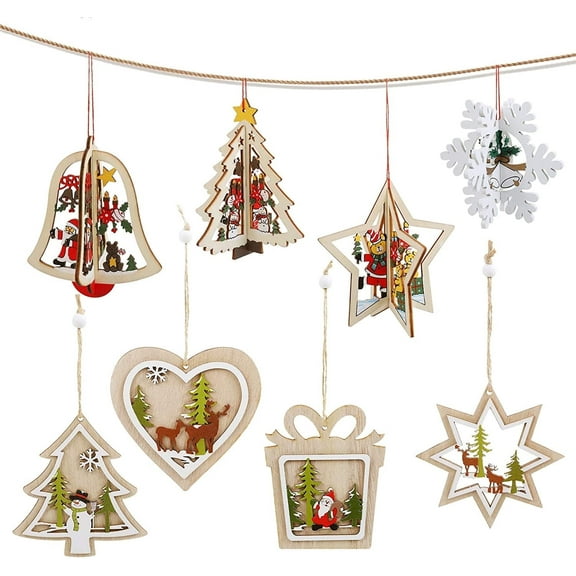 Moncolis 8 Pcs Wood Christmas Tree Hanging Ornaments,Colorful Hollow Fretwork Laser Cutting Decor,0.265lb