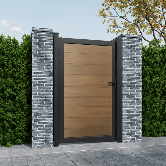 Mondaria Wood Plastic Privacy Fence Gate 6ft(H) x 3ft(W), Metal Frame with Knob Kits, Durable Composite Outdoor Gate,Brown