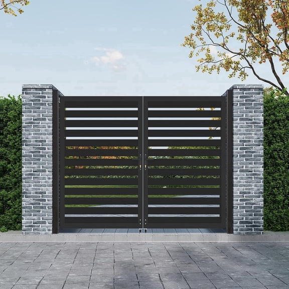 Mondaria Aluminum Double Fence Gate 6FT x 6FT, Outdoor Privacy Metal Driveway Gate with Lockable Handle and Powder-Coated Finish, Horizontal Slat (Without Post)