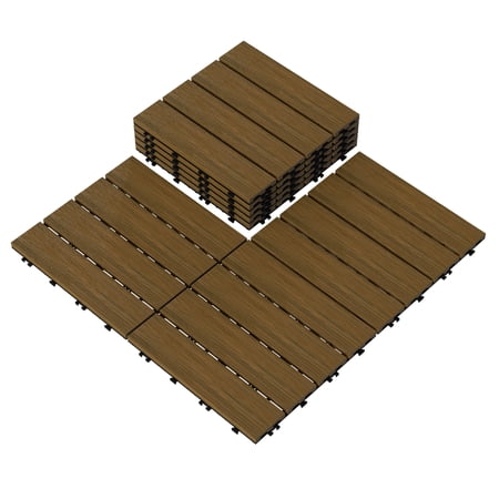 Mondaria Interlocking Deck Tiles, 10 Pack Outdoor Patio Flooring, 12"x12" Wood Plastic Composite Waterproof Decking Tile, DIY for Garden Balcony Poolside - Teak