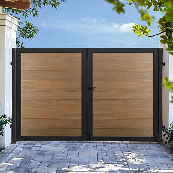 Mondaria Wood Plastic Privacy Double Fence Gate 6ft(H) x 10ft(W), Metal Frame with Knob Kits, Durable Composite Outdoor Gate,Brown