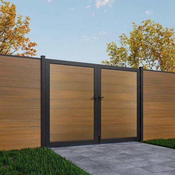 Mondaria Wood Plastic Privacy Double Fence Gate 6ft(H) x 6ft(W), Metal Frame with Knob Kits, Durable Composite Outdoor Gate,Brown