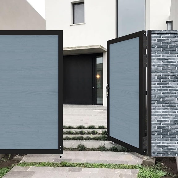 Mondaria Wood Plastic Privacy Double Fence Gate 6ft(H) x 8ft(W), Metal Frame with Knob Kits, Durable Composite Outdoor Gate,Gray