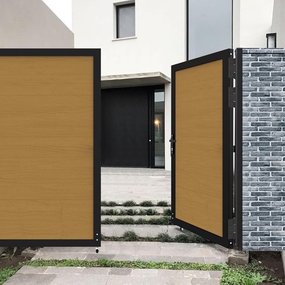 Mondaria Wood Plastic Privacy Double Fence Gate 6ft(H) x 8ft(W), Metal Frame with Knob Kits, Durable Composite Outdoor Gate,Yellow Teak