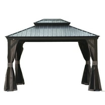 Mondawe 10'×12' Upgraded Metal Hardtop Gazebo: Drainage, Double Galvanized Roof, Curtains & Netting，Brown