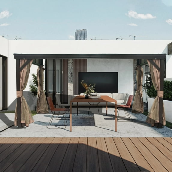 Mondawe 10 ft. x 12 ft. Outdoor Aluminum Frame Galvanized Steel Roof Wall Mounted Gazebo with Curtains and Netting