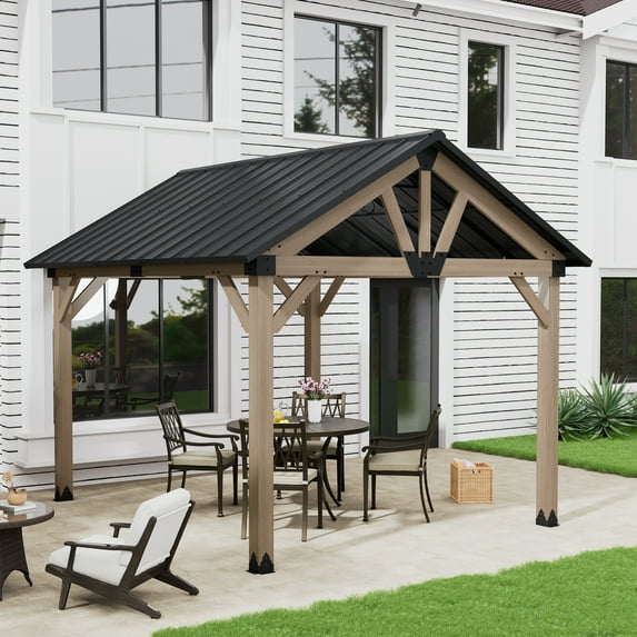 Mondawe 10'x12' Wood Gazebo Cedar Framed Wooden Gazebo Patio Steel Hardtop Gazebo with Galvanized Steel Gable Hardtop Roof for Patio Lawn Backyard