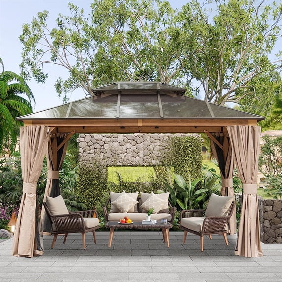 Mondawe 10'x12' Hardtop Gazebo, Permanent Outdoor Gazebo with Polycarbonate Double Roof, Aluminum Gazebo Pavilion with Curtain and Net for Garden, Patio, Lawns, Deck, Backyard(Wood-Looking)