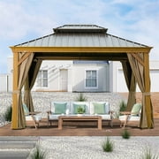Mondawe 10'x12' Hardtop Gazebo, Wooden Coated Aluminum Frame Canopy with Galvanized Steel Double Roof, Outdoor Permanent Metal Pavilion with Curtains and Netting for Patio, Deck and Lawn(Wood-Looking)