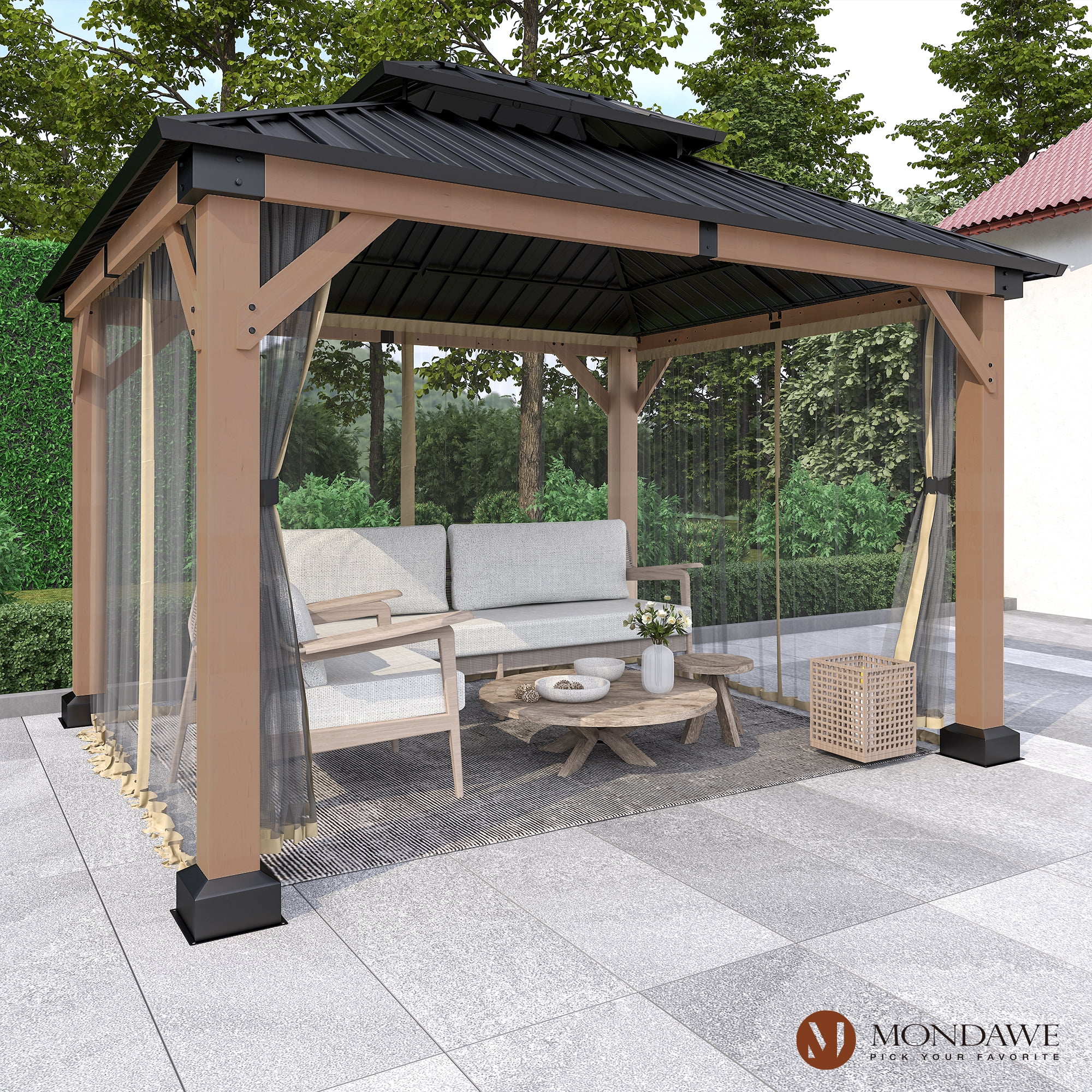 Mondawe 10'x12' Permanent Hardtop Gazebo Canopy Cedar Wood Framed Pavilion with Galvanized Steel Double Roof for Patio Lawn and Garden, Netting Included
