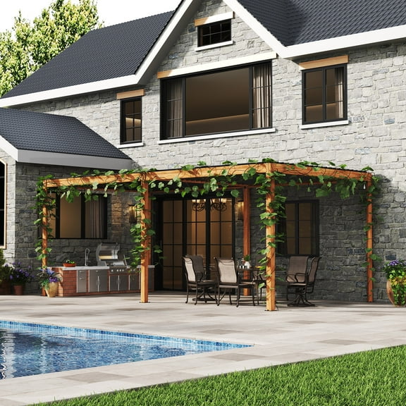 Mondawe 10'x20' Louvered Pergola, Outdoor Aluminum Pergola with Adjustable Rainproof Roof for Porch ,Deck, Patio, Garden, Wood Grain Color