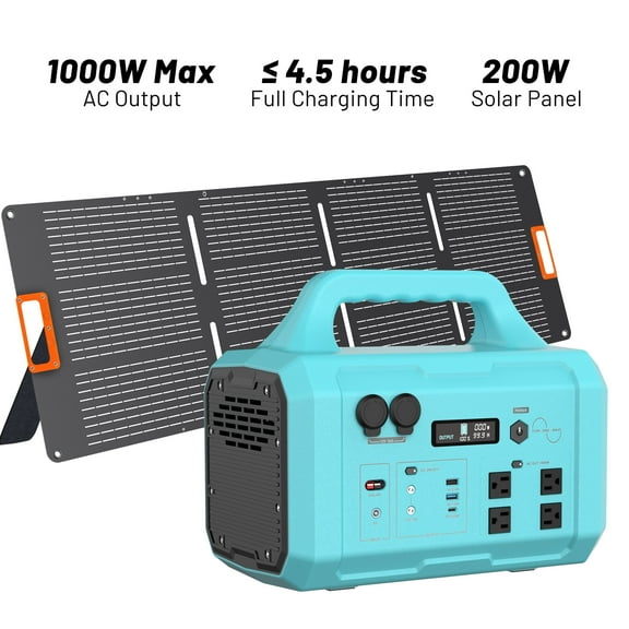 Mondawe 1000W Portable Power Station with 200W Solar Panel Included, 1024Wh Outdoor Solar Generator with Dual AC Outlets USB Port,Blue