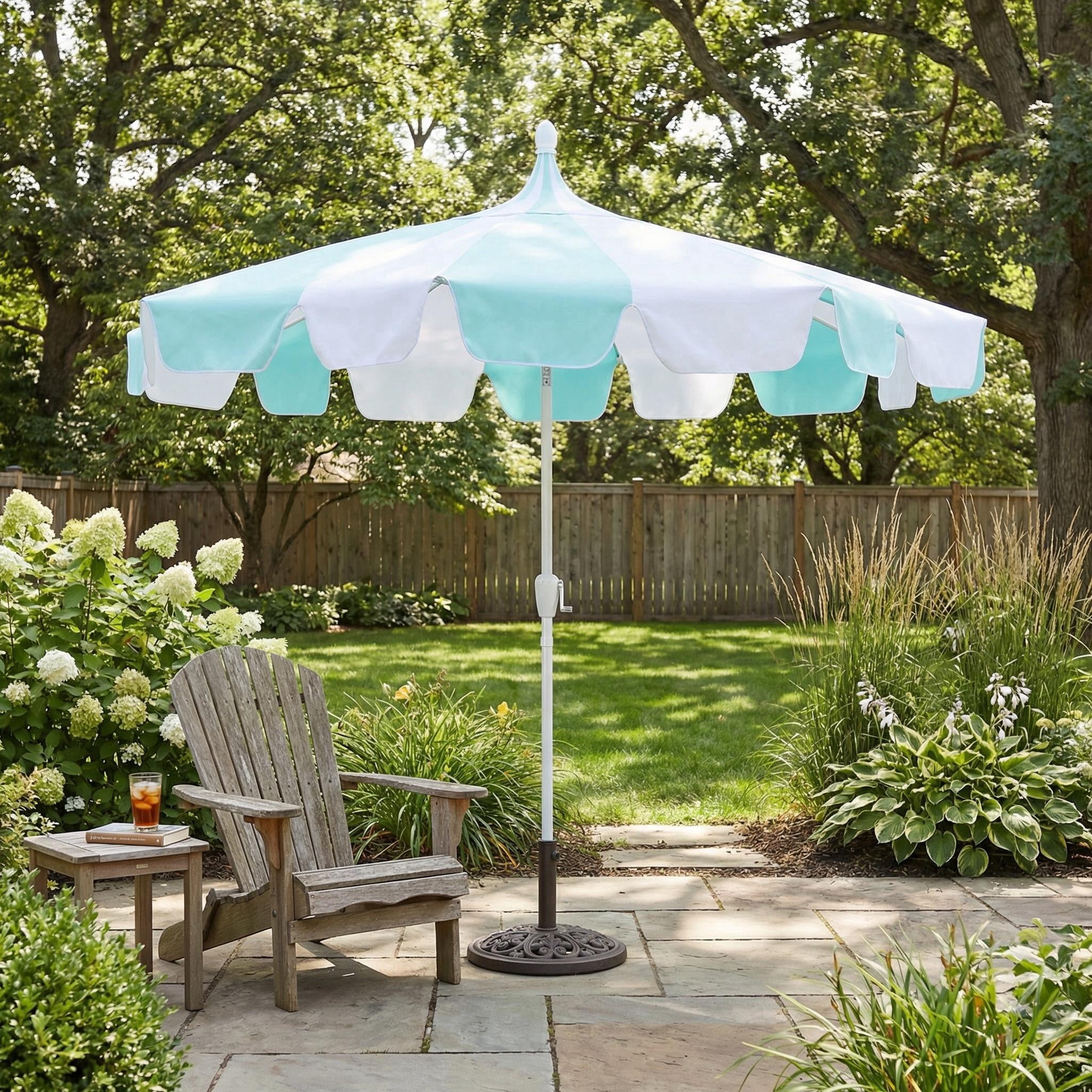 european patio umbrella SAFAVIEH Outdoor - Elsa 9-Foot Crank - Black & White Canopy - Brown Aluminum Pole - Striped Spa Design Assembled in the USA. A little slice of European