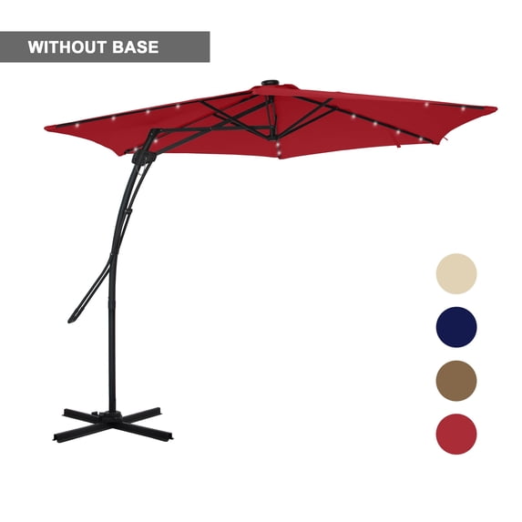 Mondawe 10ft Heavy Duty Solar Patio Umbrella with Cross Base, 360° Rotation, 24 LED Lights, Outdoor Hanging Offset Cantilever Market Sun Shade Umbrella, Red