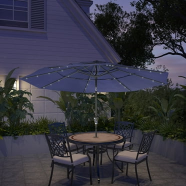 Mondawe 10ft Patio Umbrella Solar 32 LED Lighted 3 Tiers Table Market Umbrella with Tilt and Crank Outdoor Umbrella Navy Blue