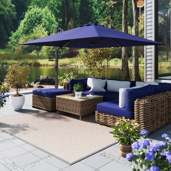 Mondawe 10x10 FT Square Cantilever Umbrella with Base and Bluetooth Speaker Included - 360° Rotation Offset Heavy Duty Outdoor Patio Umbrella for Pool Backyard Deck Garden, Navy