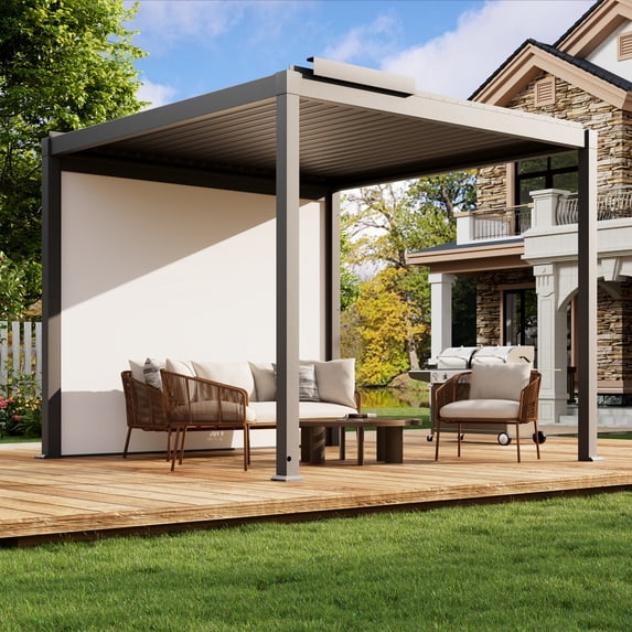 Mondawe 10x10FT Electric Aluminum Louvered Pergola with LED Lights & Electric Projector Screen